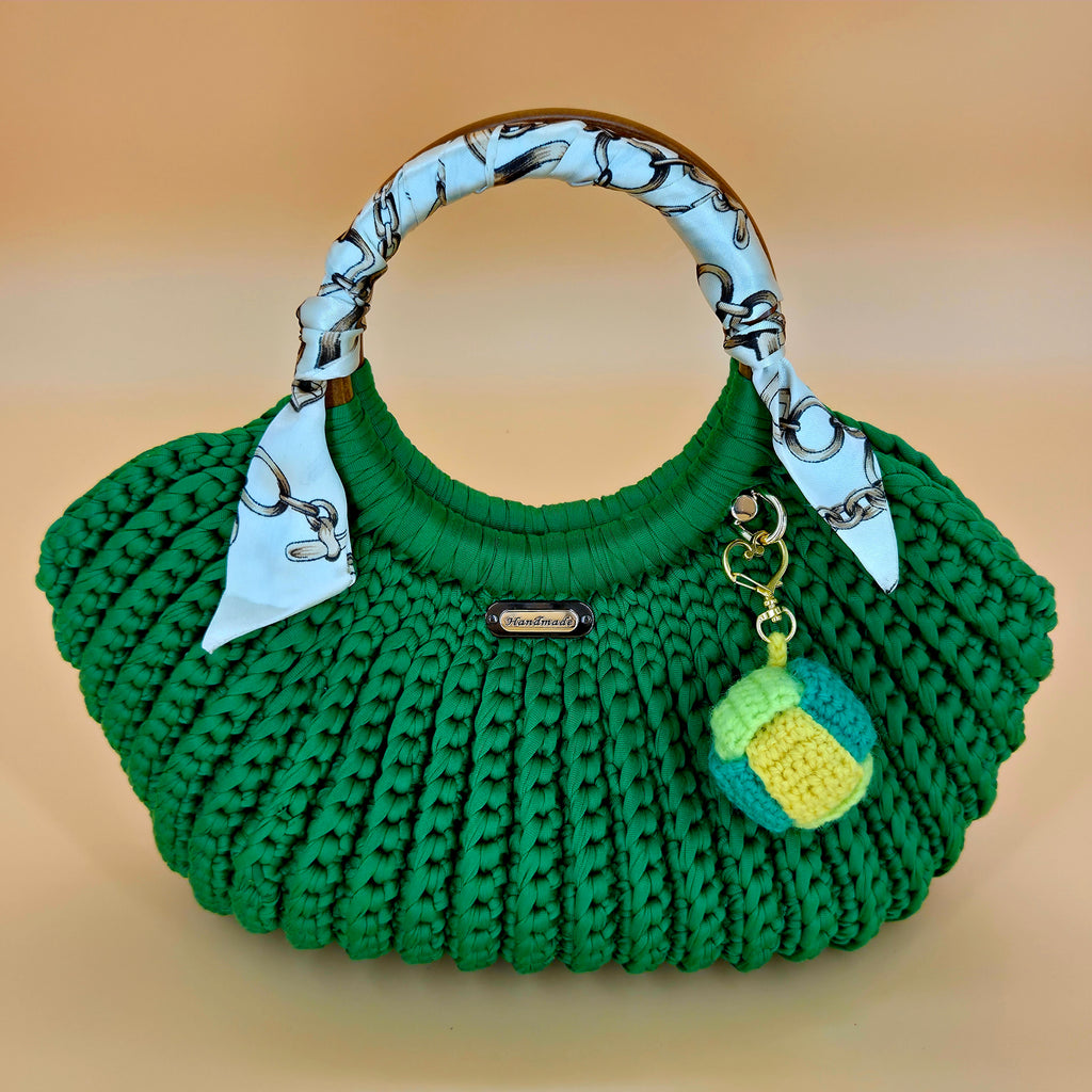 Bolso de mano crochet – Verde Trébol con accesorios