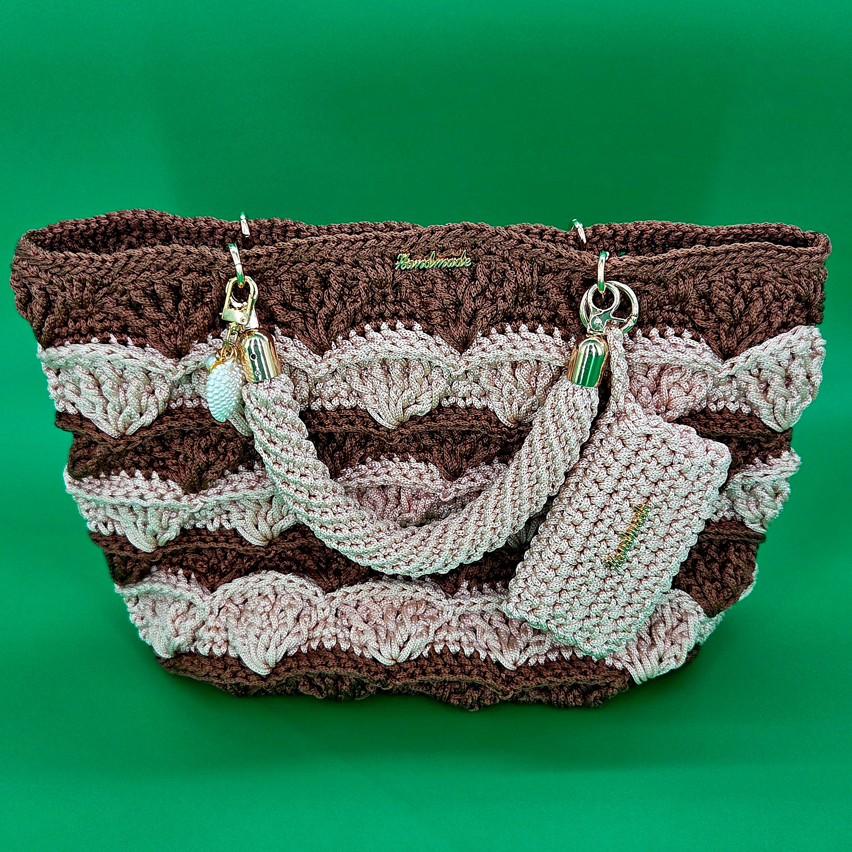 Bolso mediano de mano crochet – Mezcla Beige & Brown con accesorios