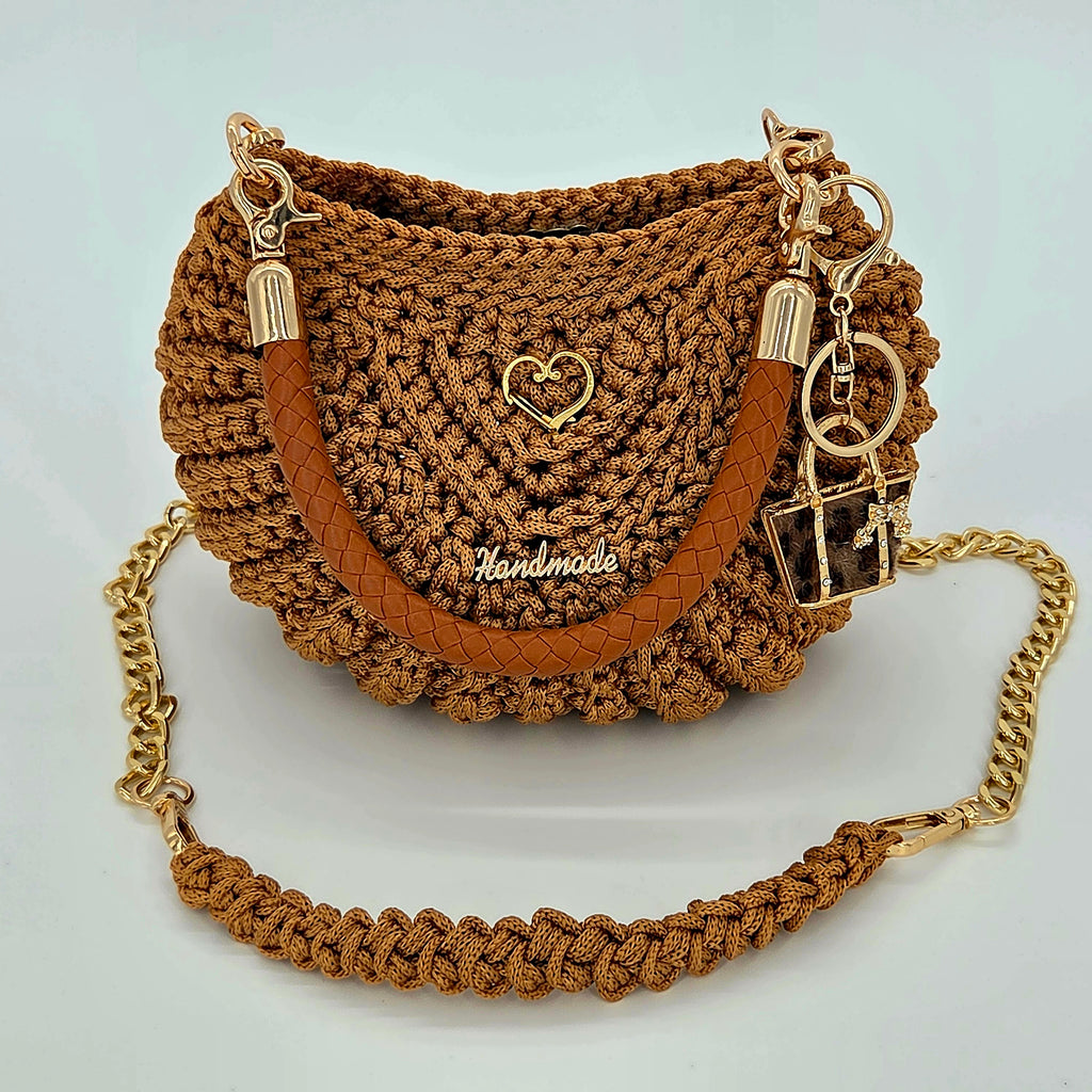 Bolso pequeño de hombro y mano crochet – Mostaza con accesorios