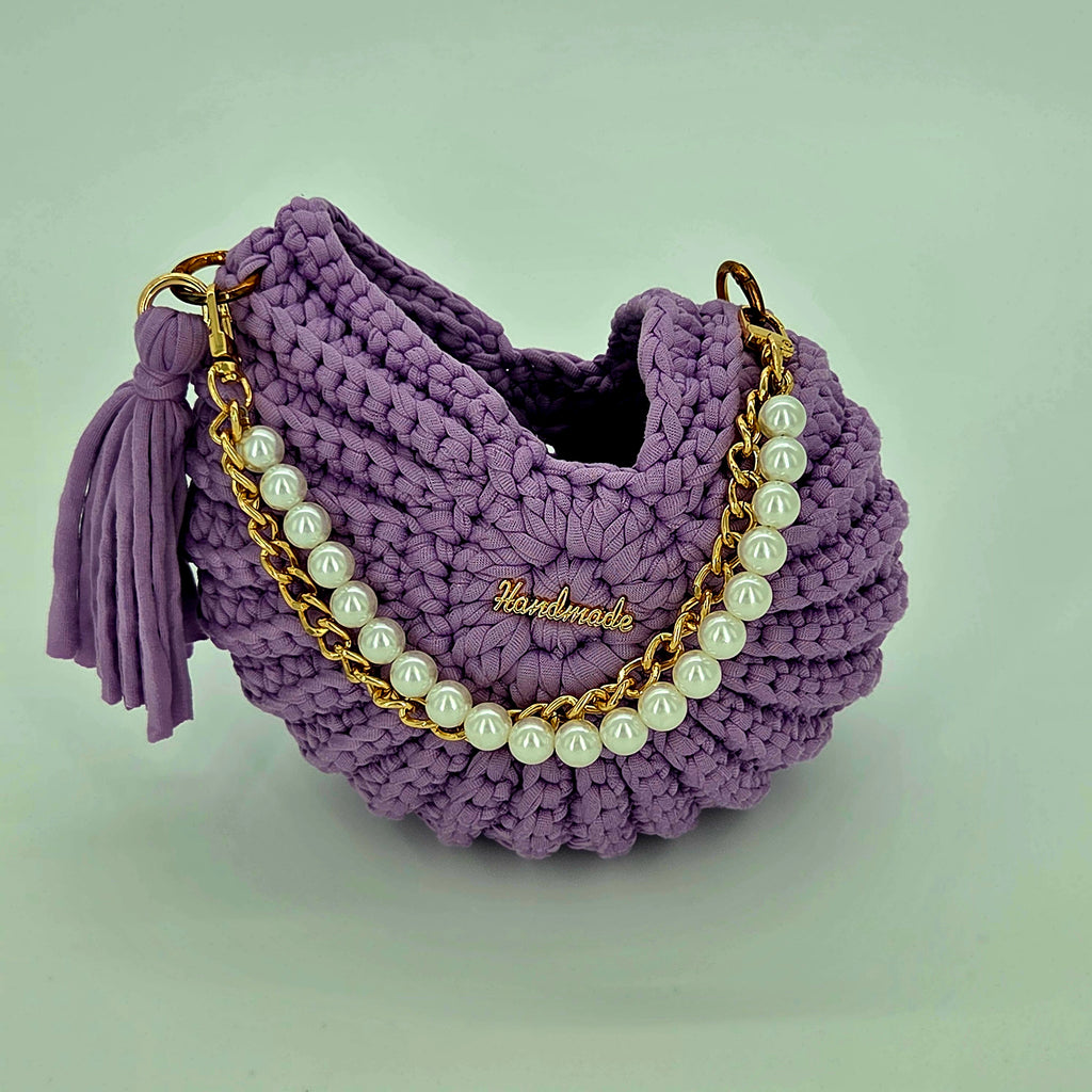 Bolso de mano crochet estilo caracol – Púrpura con detalles de perlas