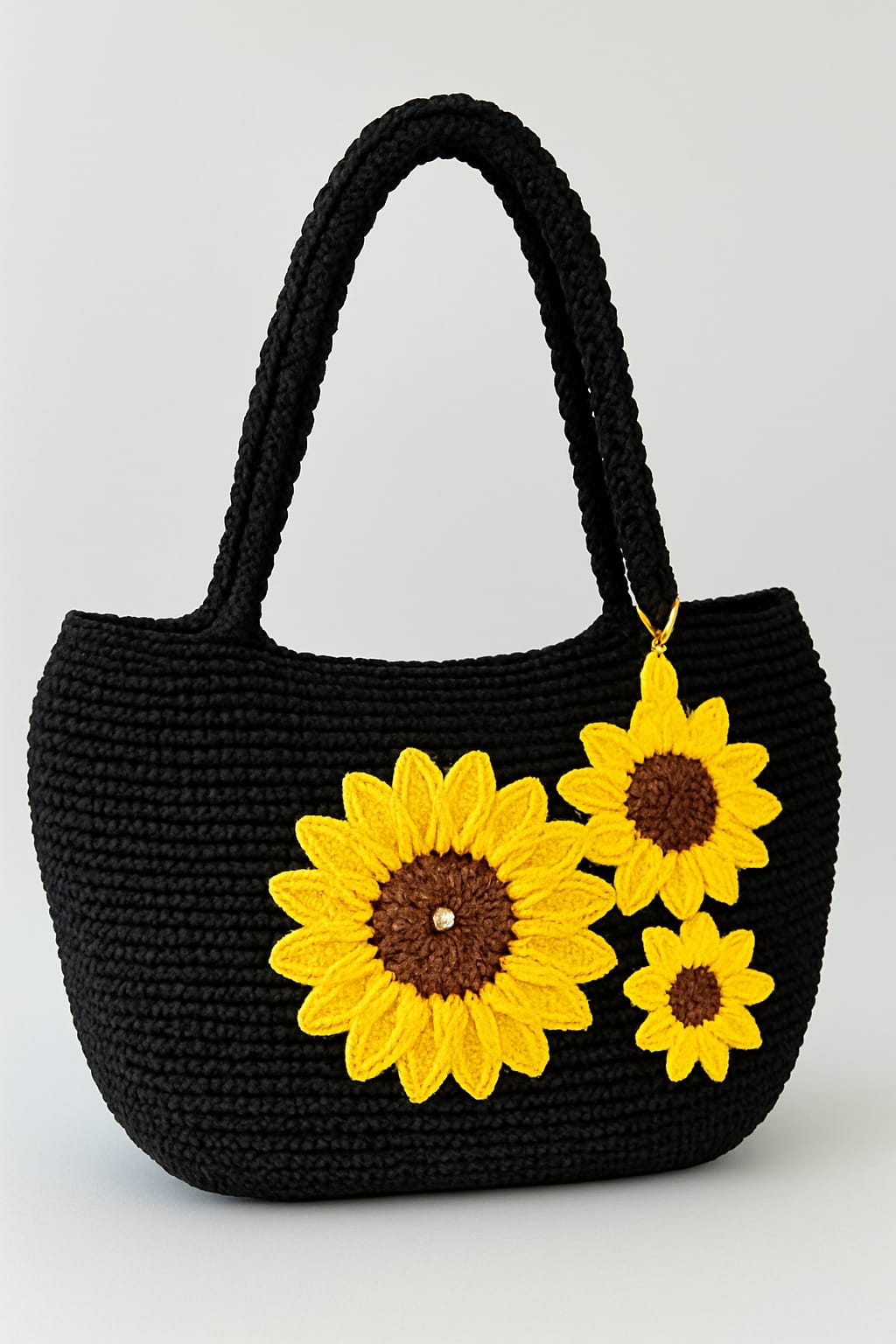 Bolso grande tejido a crochet con girasoles decorativos