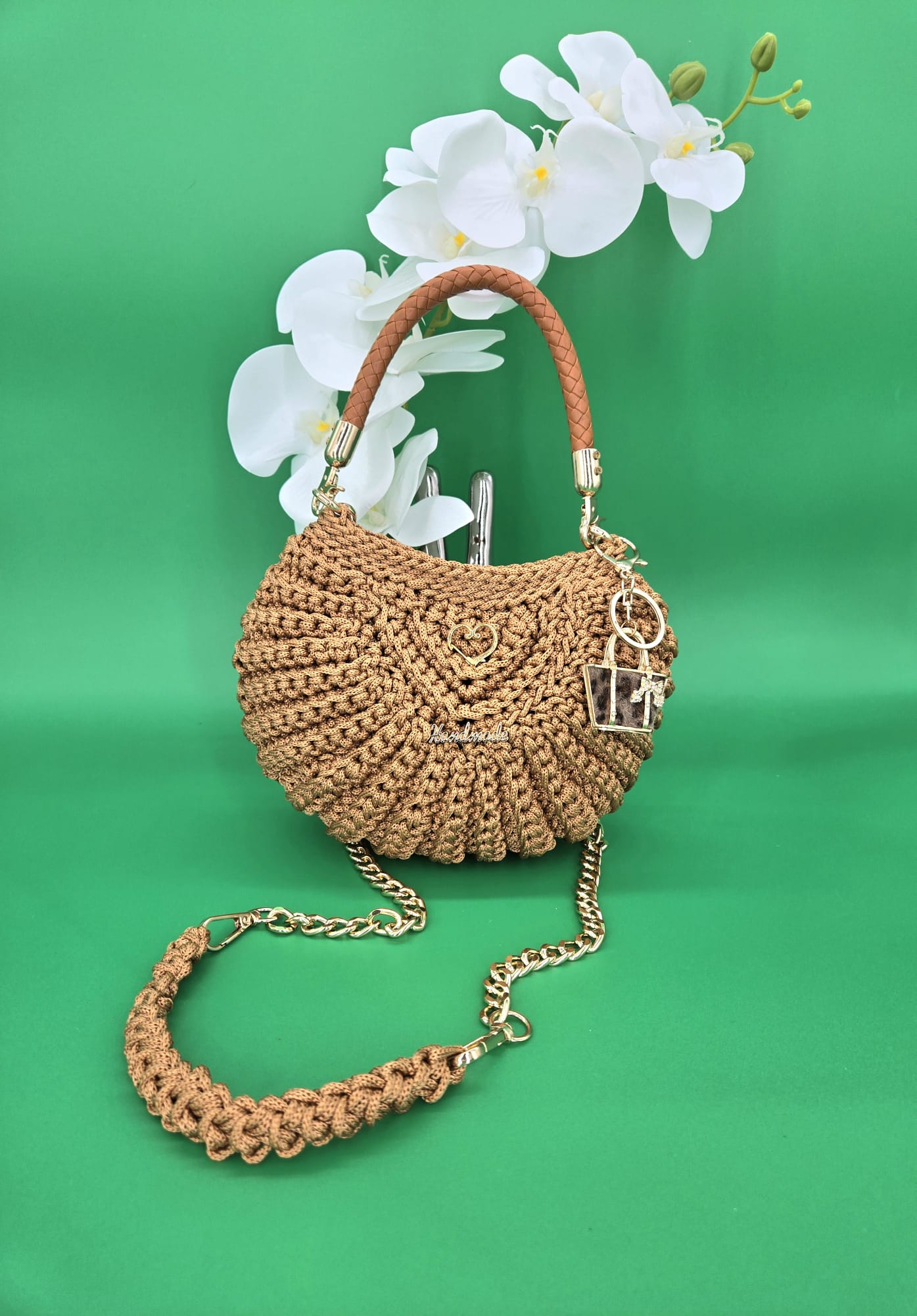 Bolso pequeño de hombro y mano crochet – Mostaza con accesorios