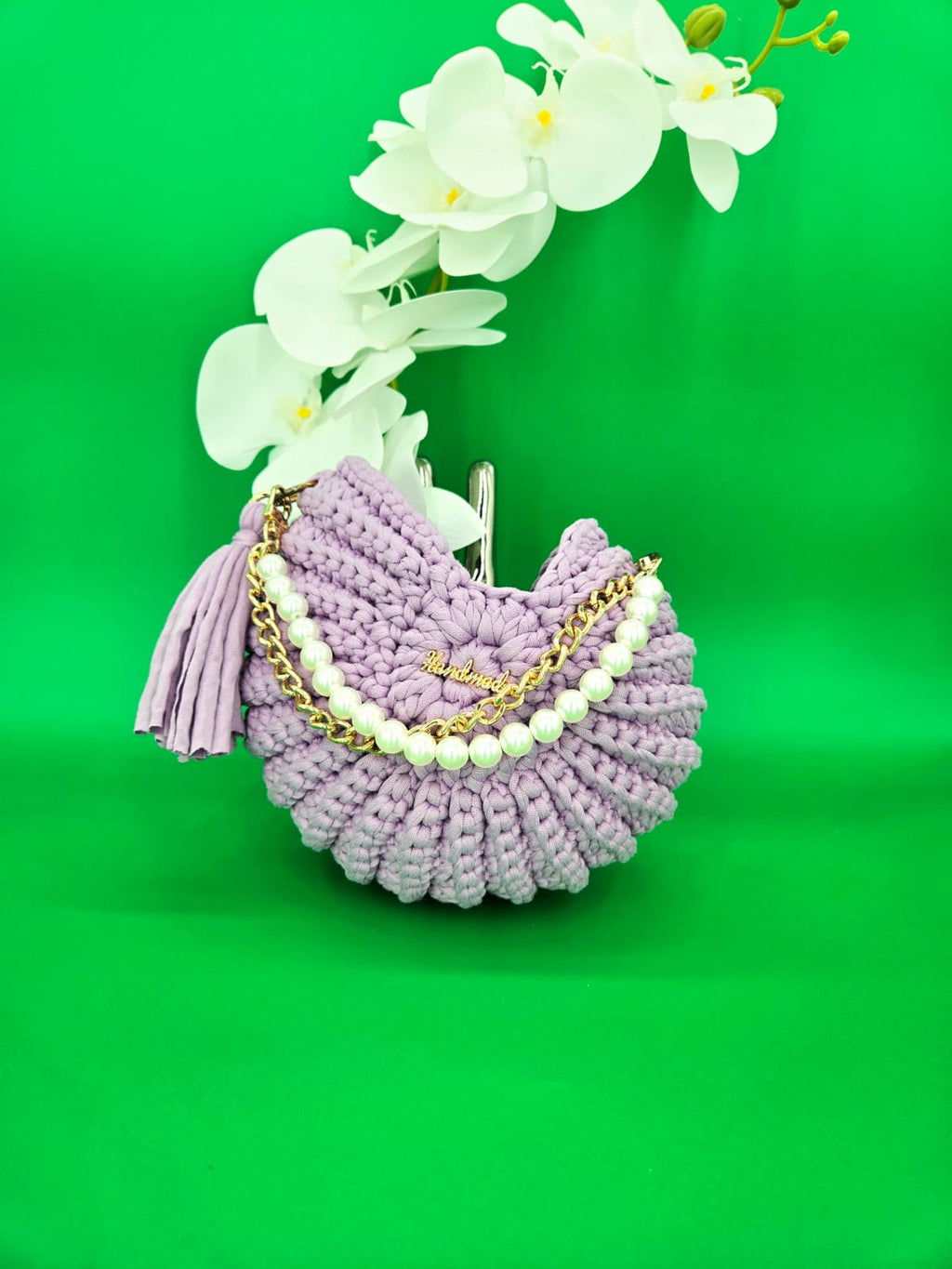 Bolso de mano crochet estilo caracol – Púrpura con detalles de perlas