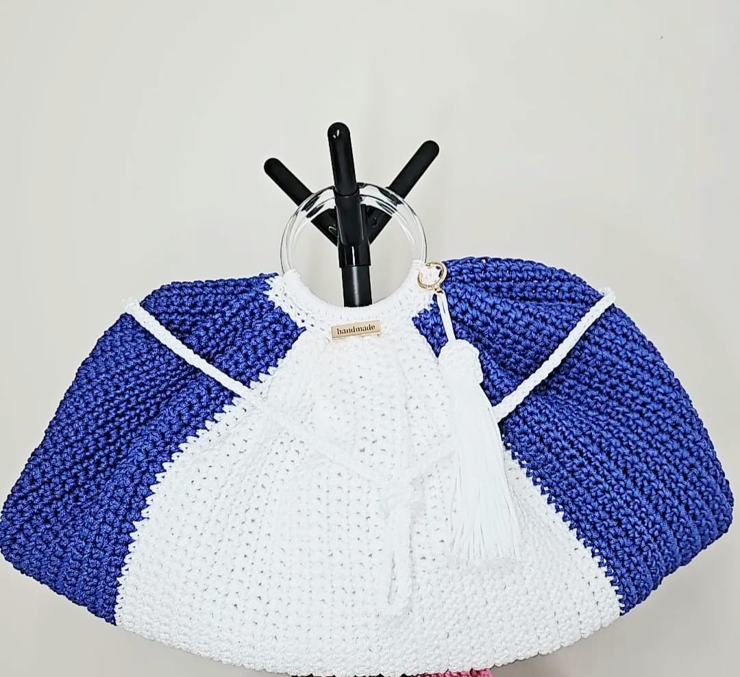 Bolso tejido a crochet bicolor azul y blanco